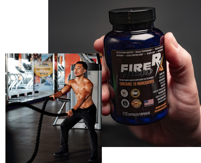 FireRx Bottle in hand over Man doing power rope excercise